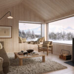 Fjällhus interiör med utsikt