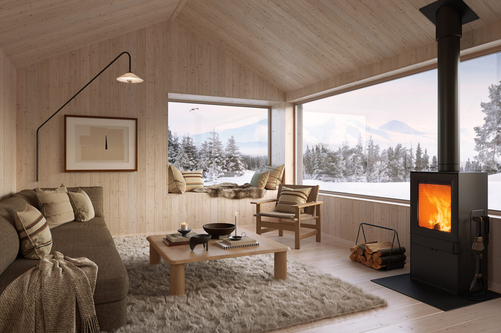 Fjällhus interiör med utsikt