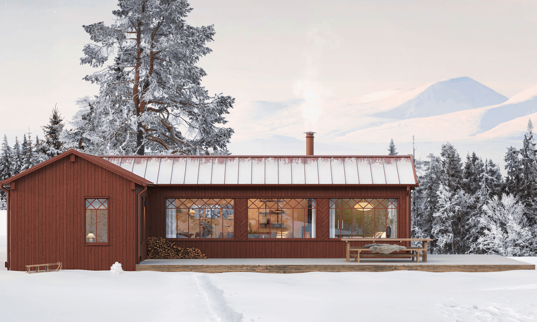 Rött vinkelhus i fjällen