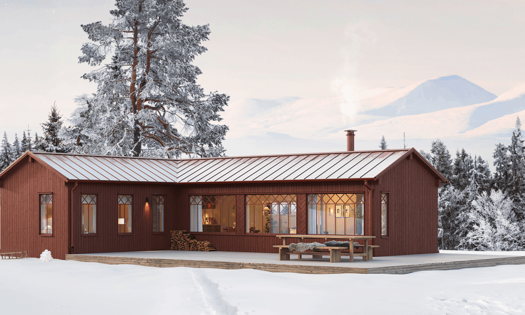 Rött fjällhus på 80 kvadratmeter